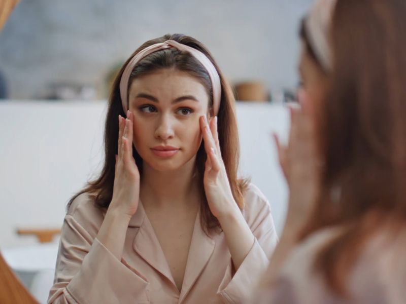 devojka dira rukama svoje lice i gleda se u ogledalo